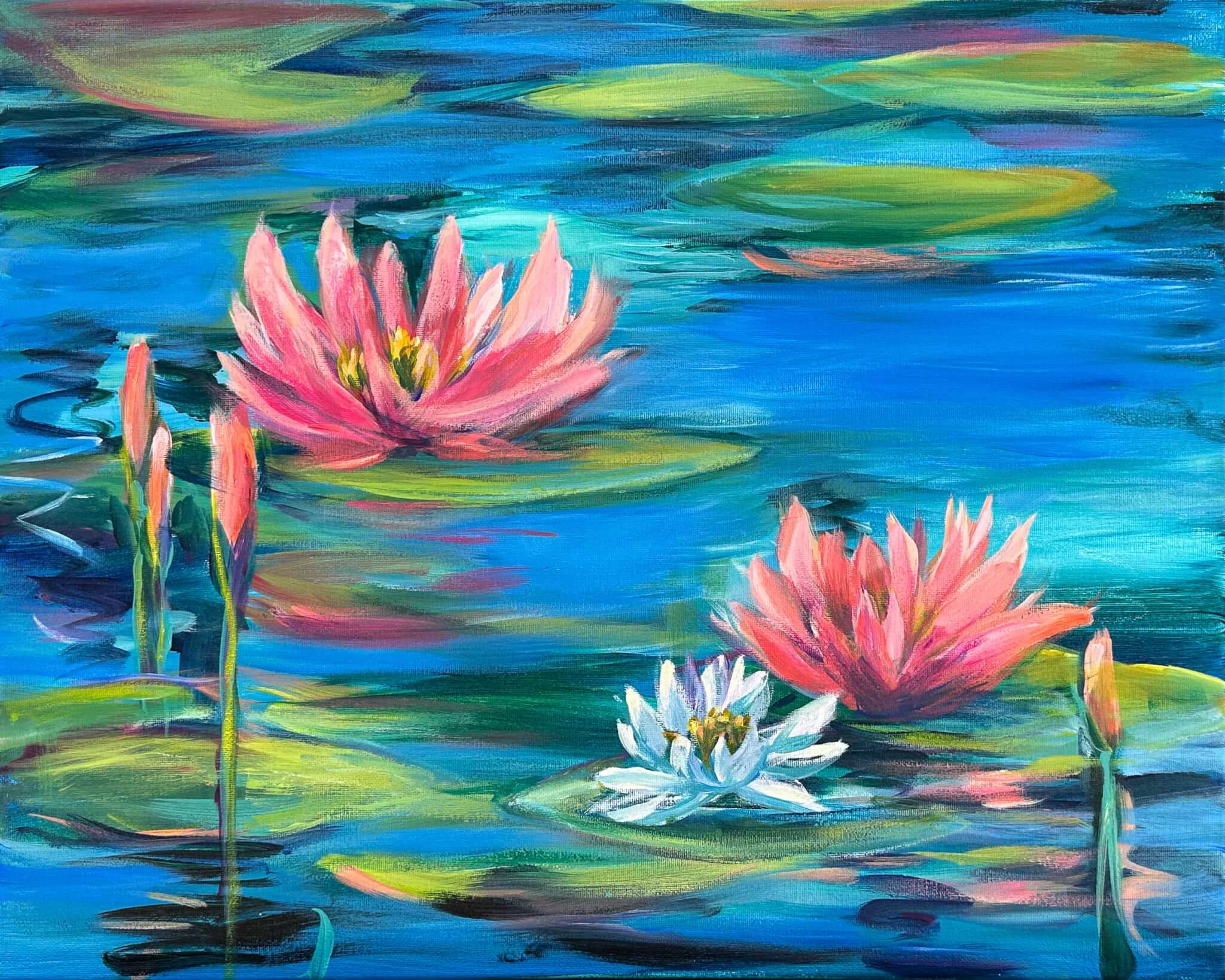 Colorful painting of a pond with green lily pads and blooming water lilies in pink and white, set against vibrant blue water with reflections.