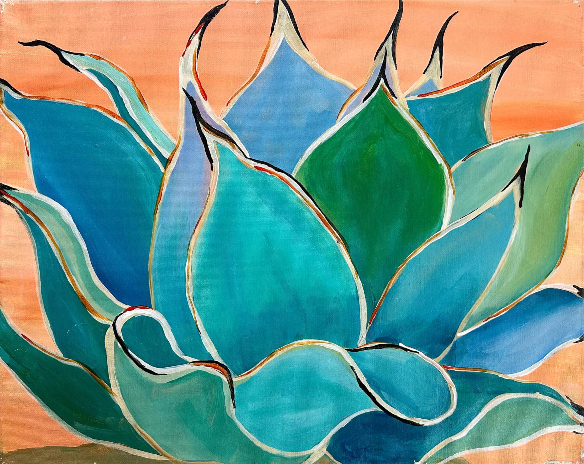 A vibrant painting of a teal and green succulent with pointed leaves, outlined in black and orange, set against a warm peach background.