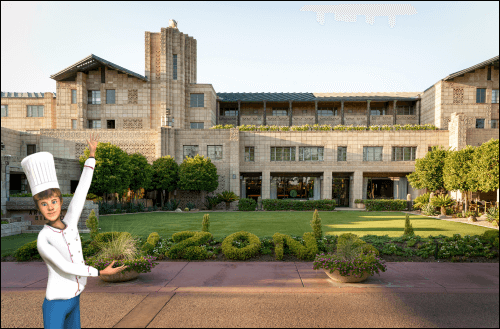 A chef with a tall white hat gestures to a grand, multi-story brick building enveloped by lush greenery. The word "ARIZONA" is expertly shaped from bushes in the foreground, adding a touch of elegancer to the inviting landscape.